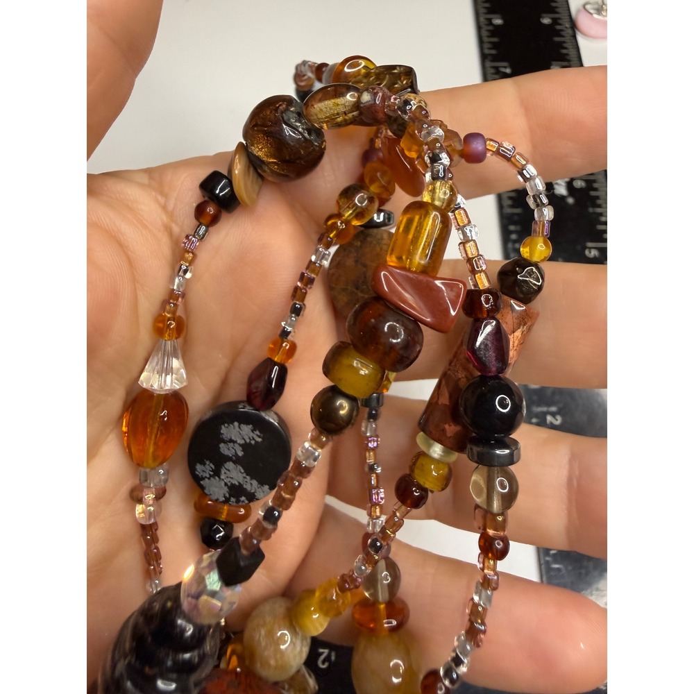 Beaded Long Necklace Amber Brown Celestial Moon Star Stone Glass Boho 42 Inch